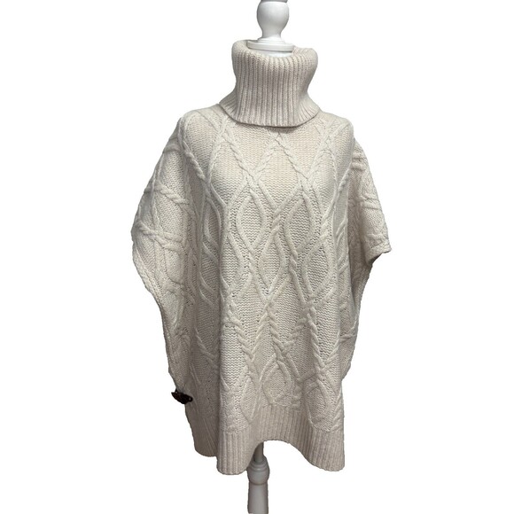 Max Studio Sweater Poncho Womens M Cream Lambs Wool Chunky Cable Knit Oversized - Picture 1 of 10
